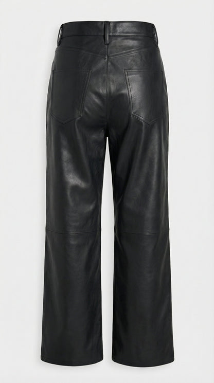 Lira - High Waist Genuine Leather Straight Cropped Trousers Black