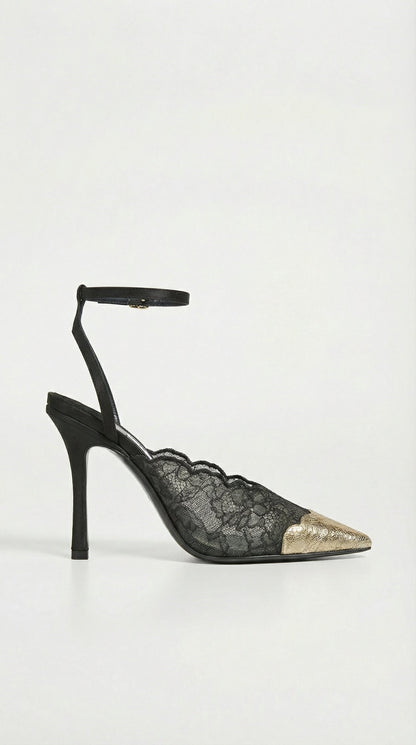 Kiva - Lace Embroidery Metal Pointed Heels Black