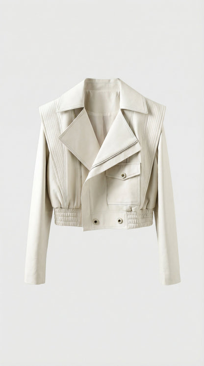 Aeria - Short Biker Genuine Leather Jacket White