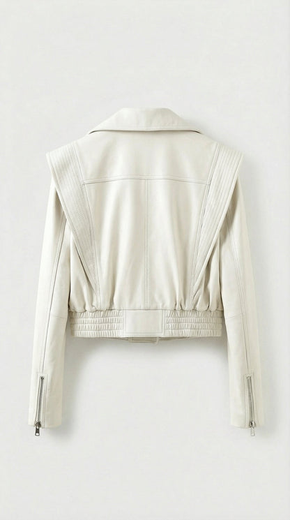 Aeria - Short Biker Genuine Leather Jacket White