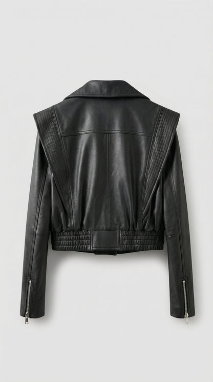 Aeria - Short Biker Genuine Leather Jacket Black