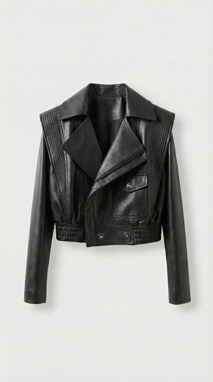 Aeria - Short Biker Genuine Leather Jacket Black