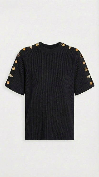 Avena - Metal Buckle Cotton Knitted T-shirt Black