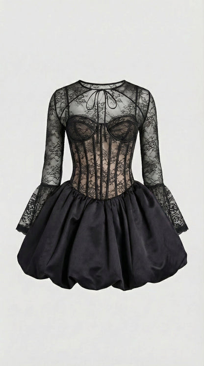 Risa - Black Lace Puffball Mini Dress