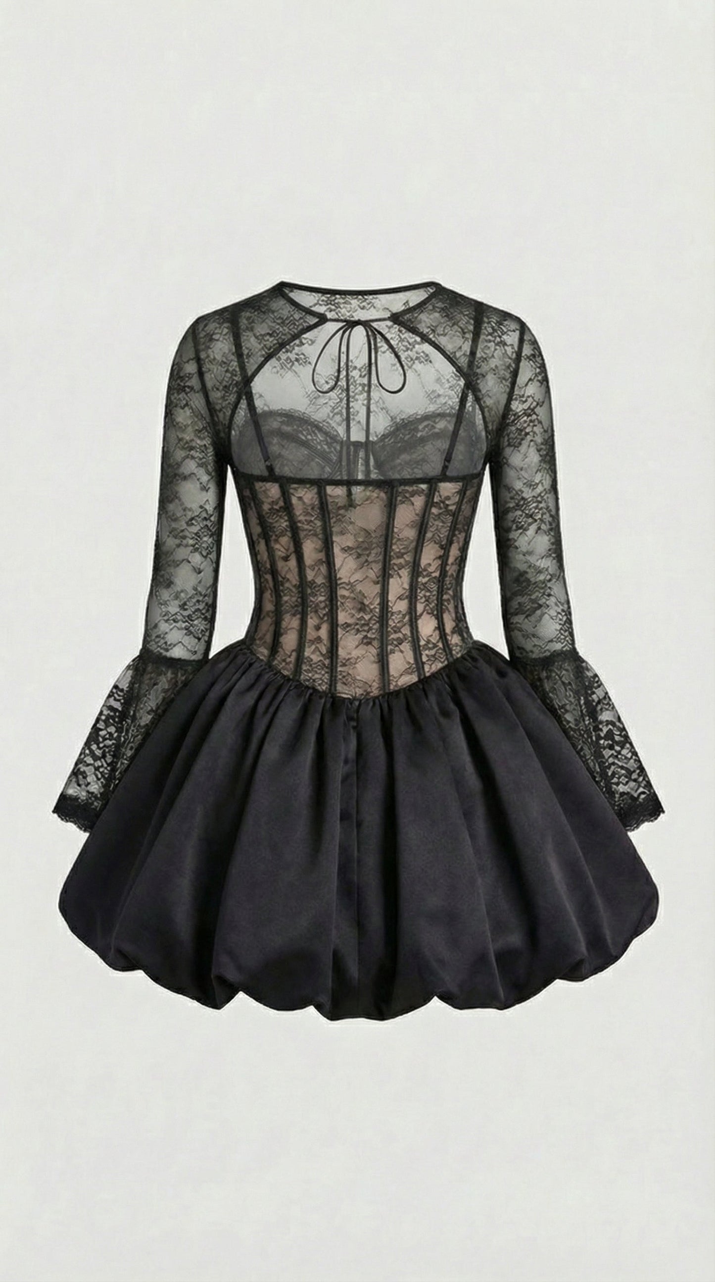 Risa - Black Lace Puffball Mini Dress