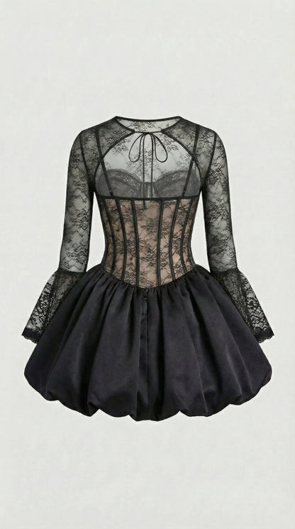 Risa - Black Lace Puffball Mini Dress