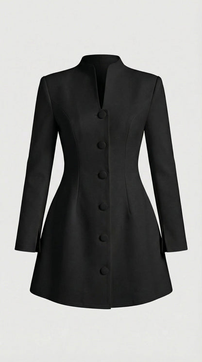 Savi - Stand-Collar Buttoned Office Blazer Dress Black