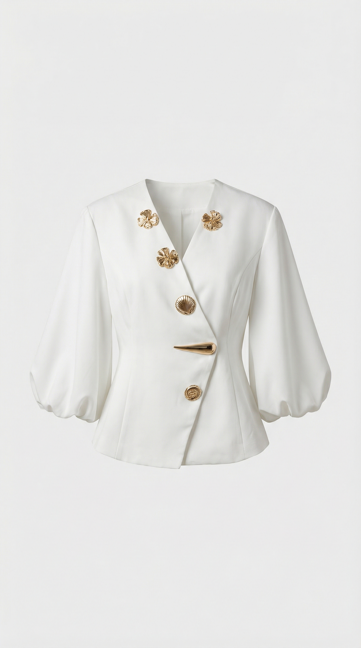 Keni - Metal-Button Puff-Sleeve Top White