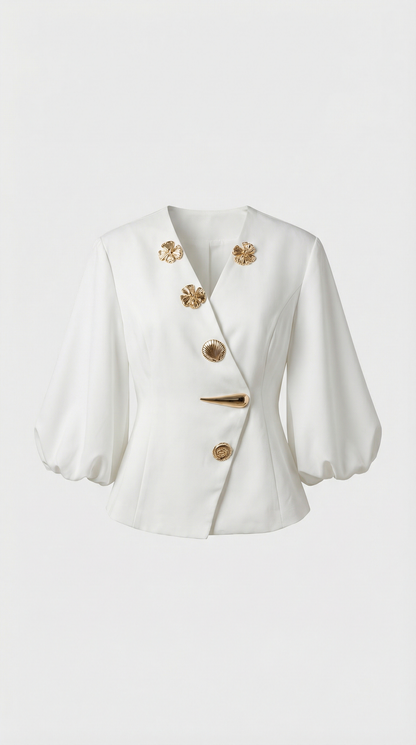 Keni - Metal-Button Puff-Sleeve Top White