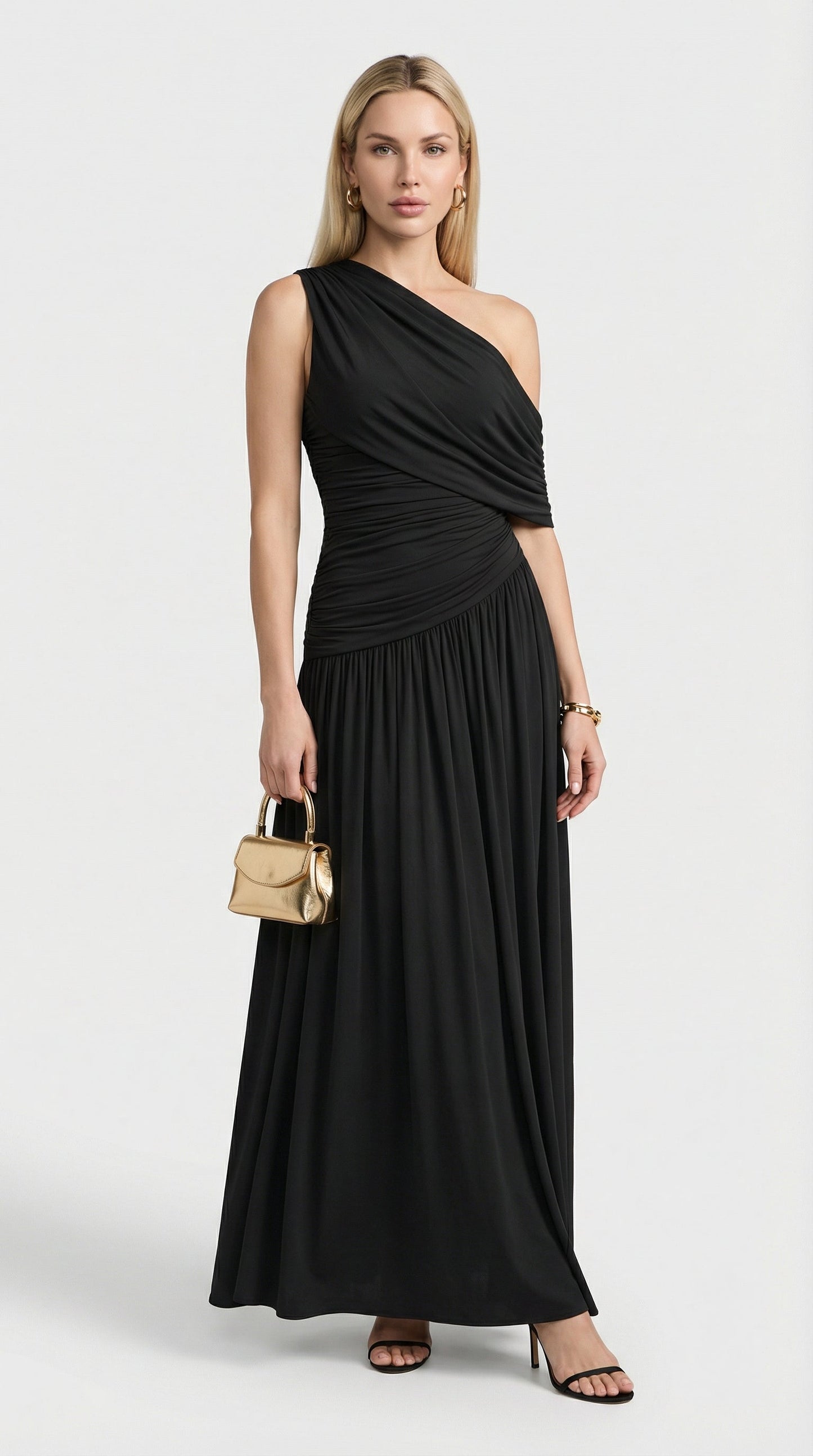 Leni - Diagonal Collar Pleated Irregular Dress Black