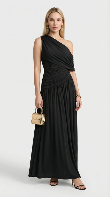 Leni - Diagonal Collar Pleated Irregular Dress Black