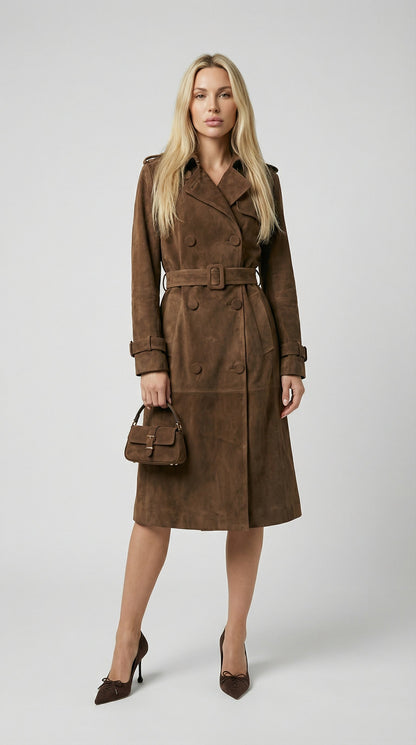 Elva - Belted Genuine Suede Trench Brown