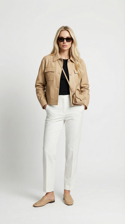 Cela - Square Collar Genuine Leather Short Jacket Beige