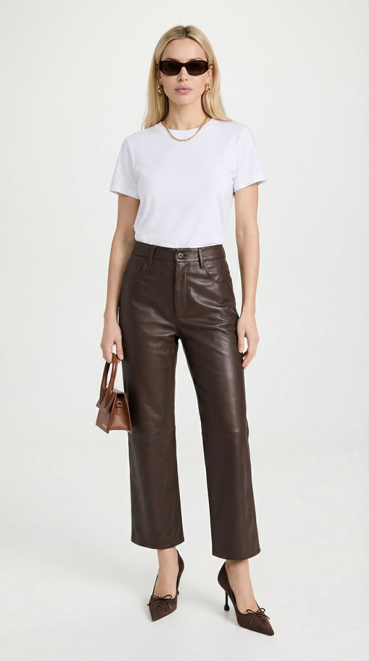 Lira - High Waist Genuine Leather Straight Cropped Trousers Brown