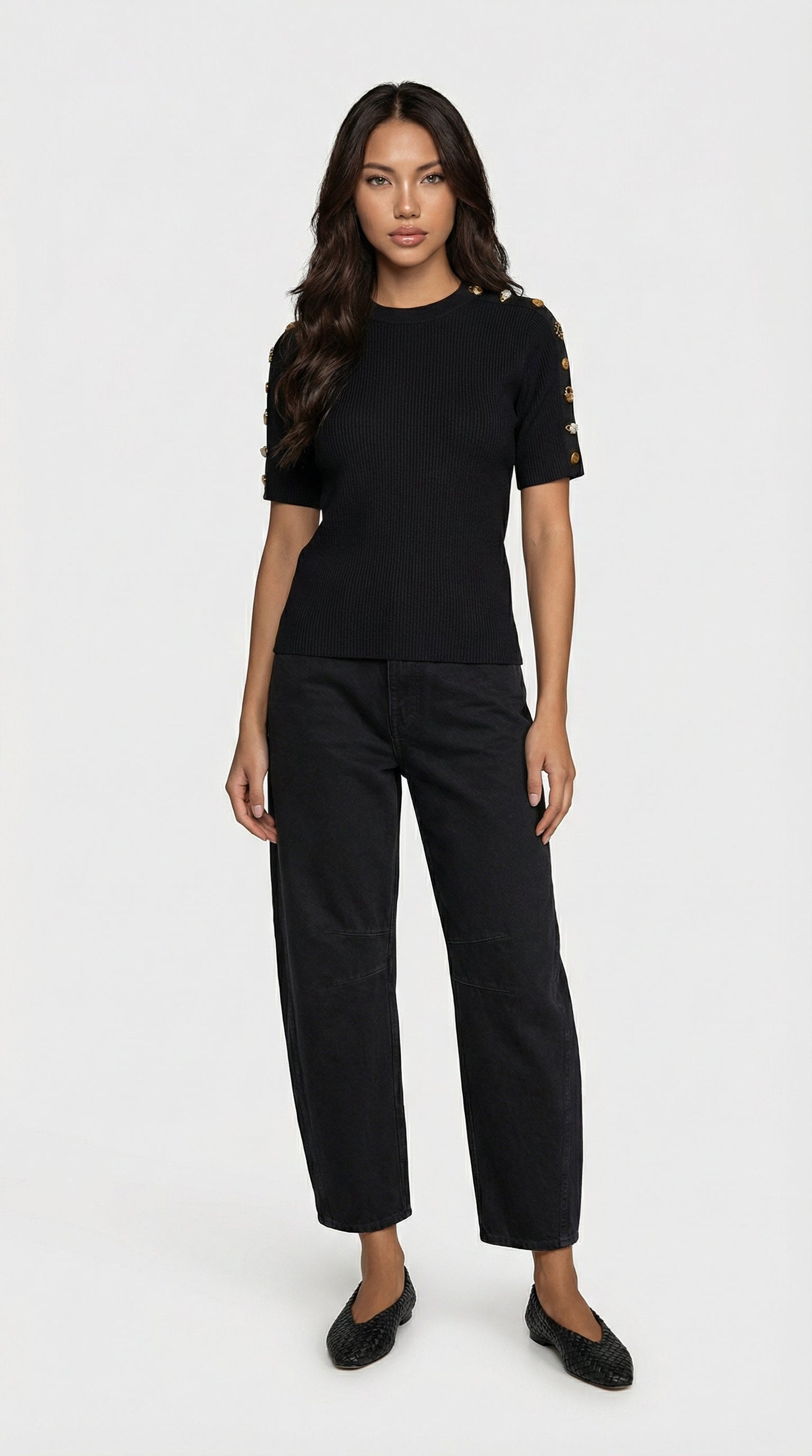 Avena - Metal Buckle Cotton Knitted T-shirt Black