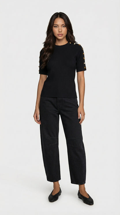 Avena - Metal Buckle Cotton Knitted T-shirt Black