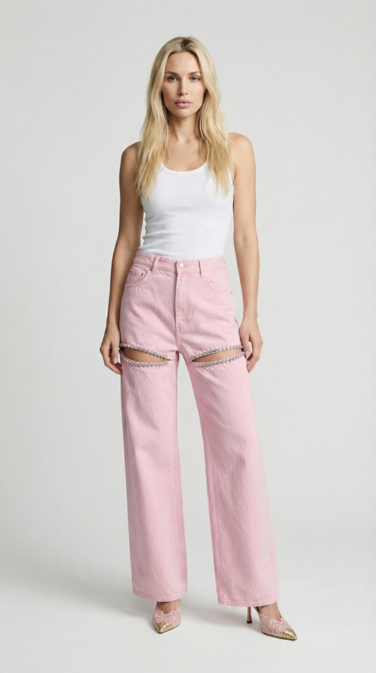 Suri - Spliced Diamond Wide-Leg Cotton Denim Jeans
