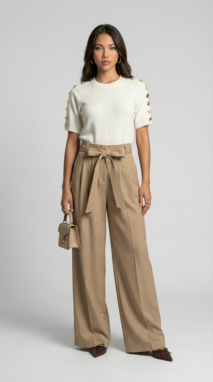 Nalo - Tie-Strap Pleated Wide-Legs Beige