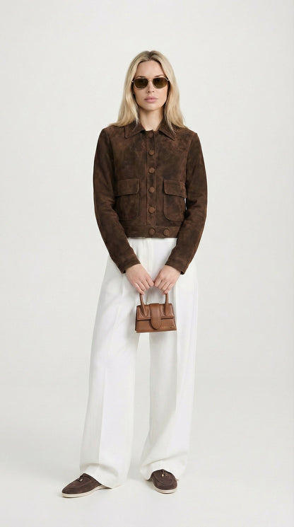 Arin - Dark Brown Suede Cropped Natural Leather Jacket
