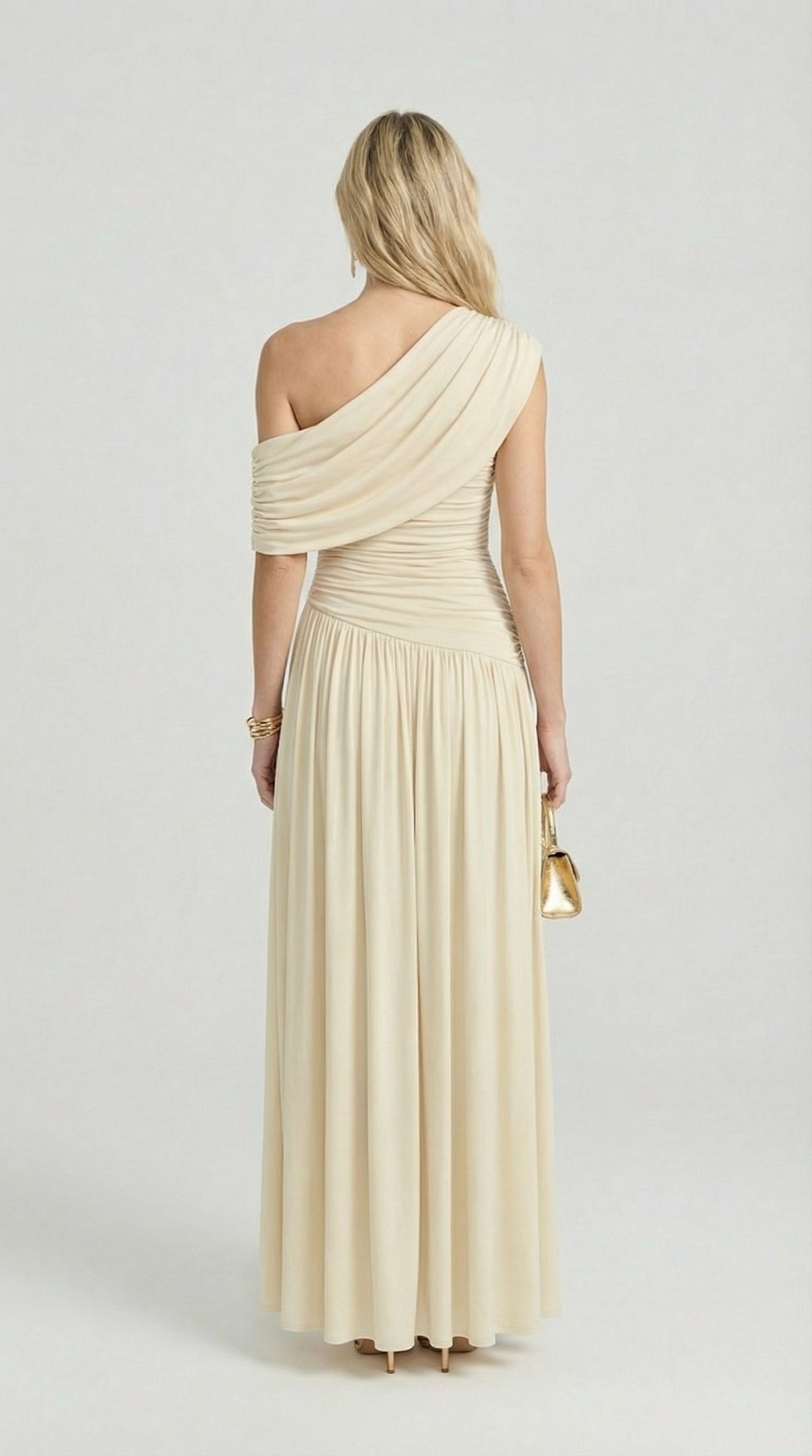Leni - Diagonal Collar Pleated Irregular Dress Ivory