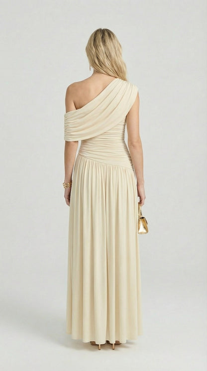 Leni - Diagonal Collar Pleated Irregular Dress Ivory