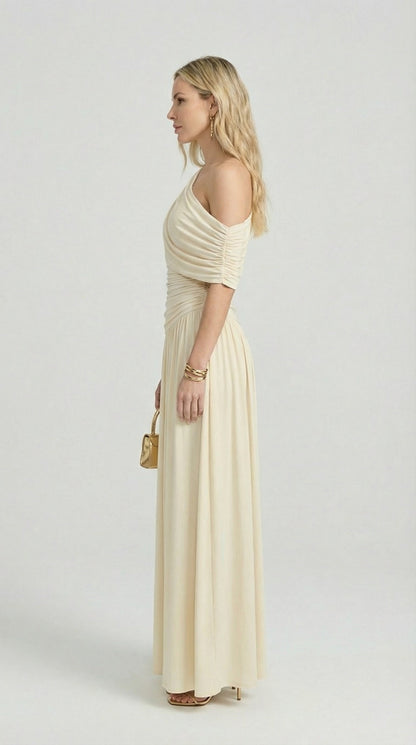 Leni - Diagonal Collar Pleated Irregular Dress Ivory