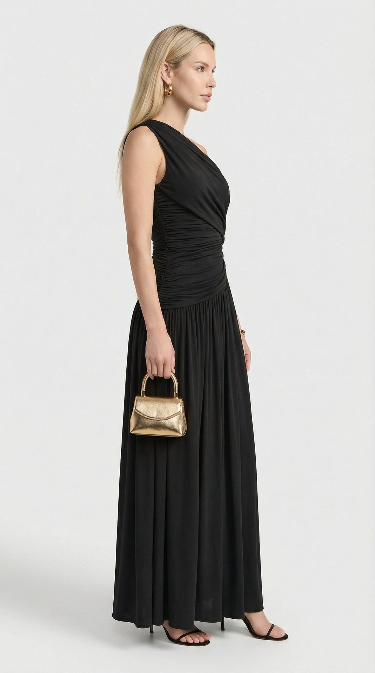 Leni - Diagonal Collar Pleated Irregular Dress Black