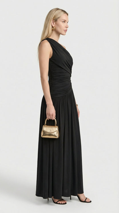 Leni - Diagonal Collar Pleated Irregular Dress Black