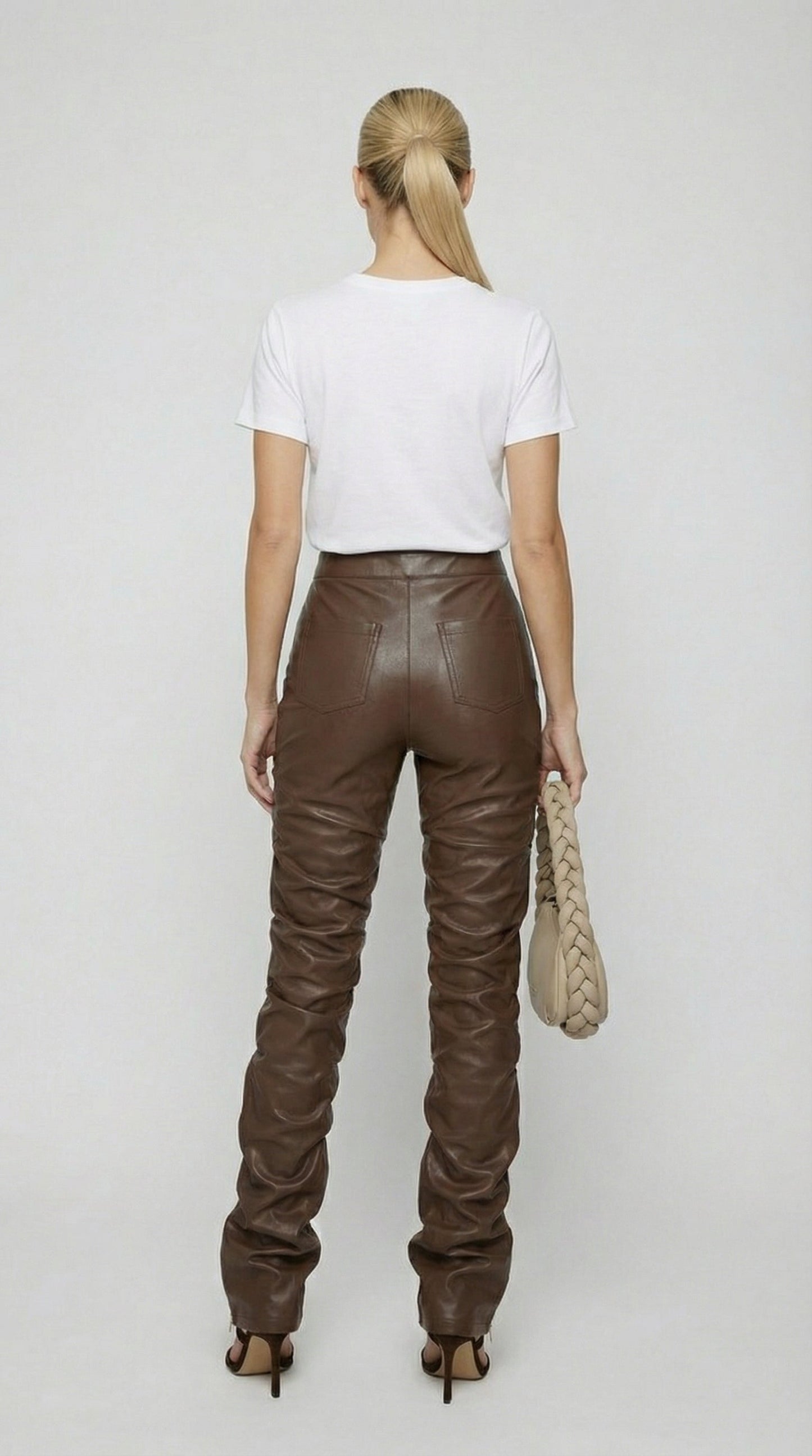 Aven - High-Waist Stacked Vegan Leather Pants Brown