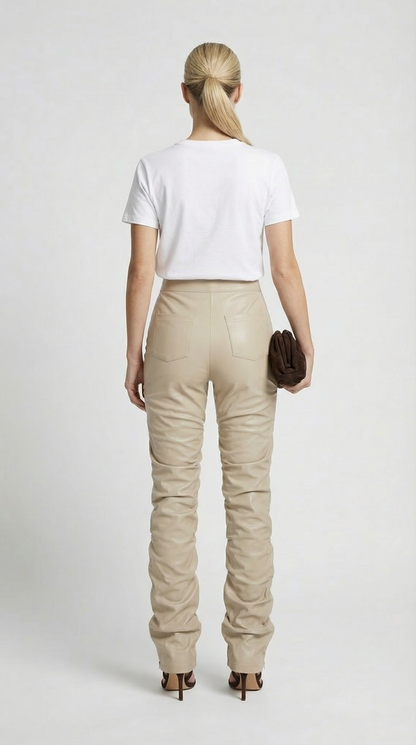 Aven - High-Waist Stacked Vegan Leather Pants Ivory