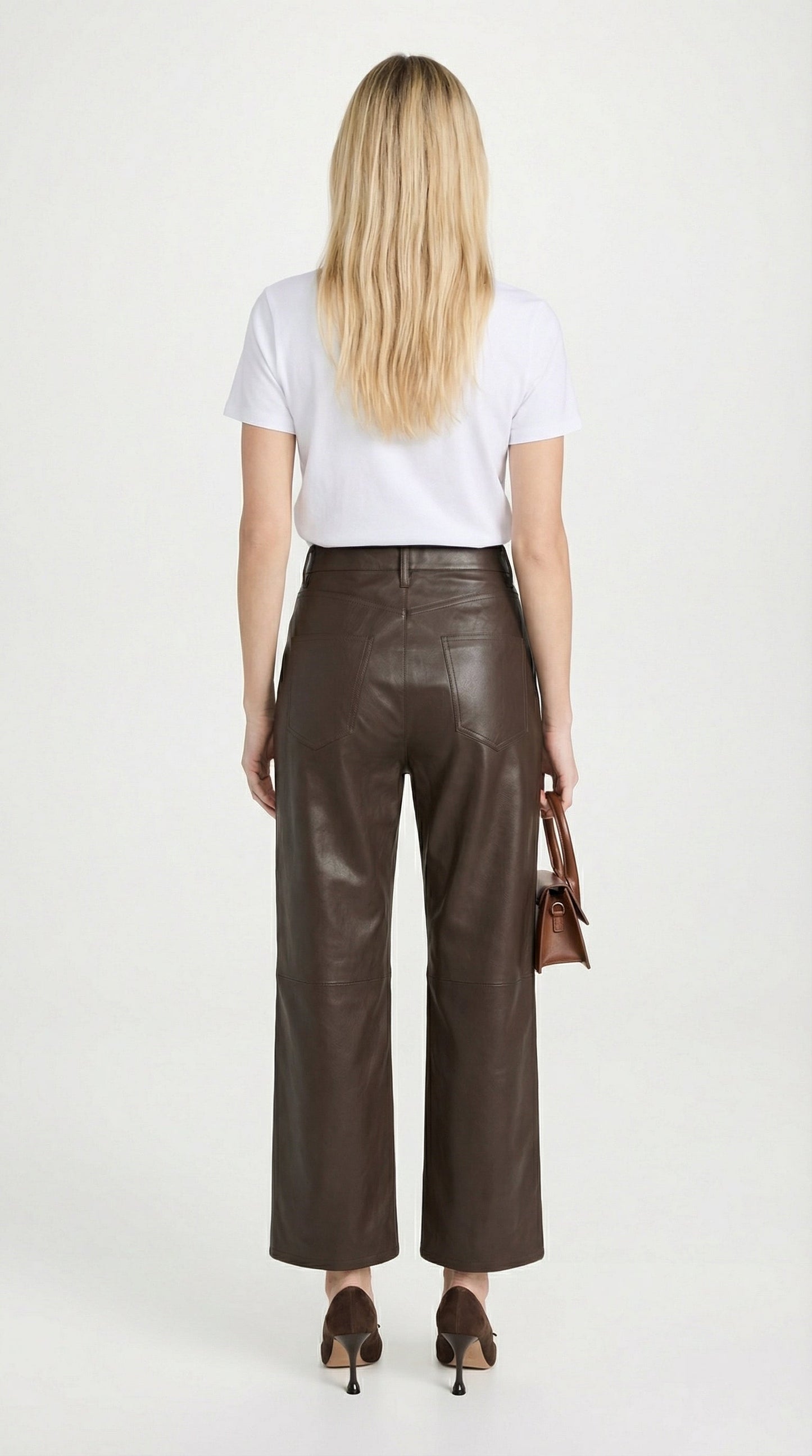Lira - High Waist Genuine Leather Straight Cropped Trousers Brown