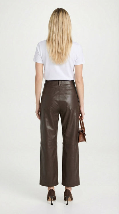 Lira - High Waist Genuine Leather Straight Cropped Trousers Brown