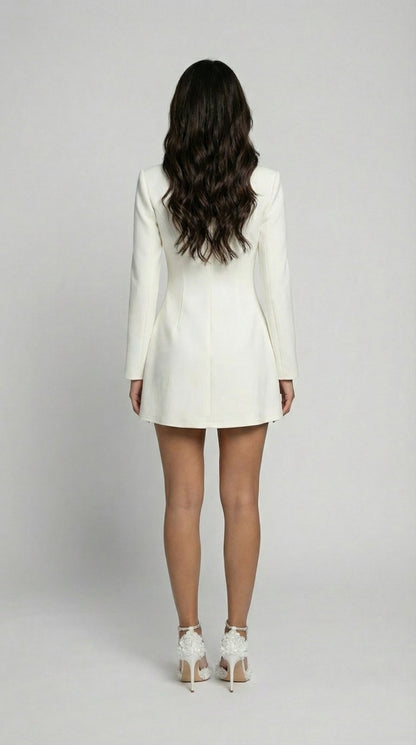 Savi - Stand-Collar Buttoned Office Blazer Dress White