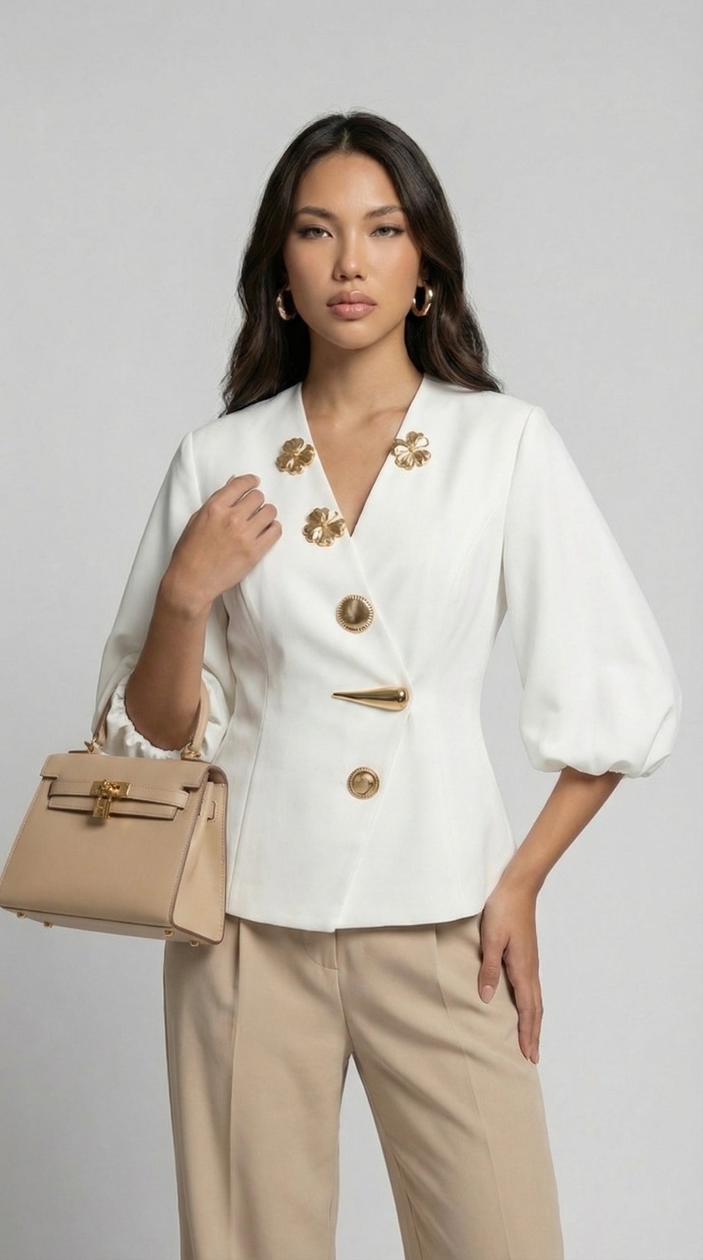 Keni - Metal-Button Puff-Sleeve Top White