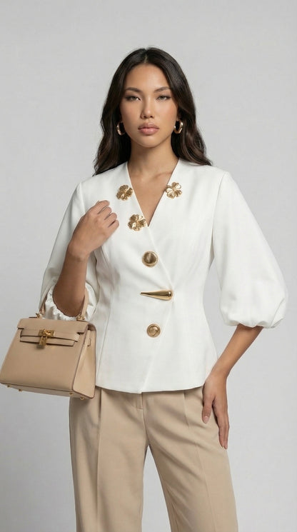 Keni - Metal-Button Puff-Sleeve Top White