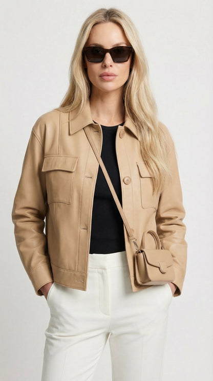 Cela - Square Collar Genuine Leather Short Jacket Beige