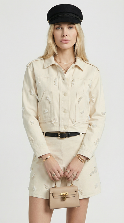 Nira - Beige Bead-Decorated Cotton Denim Set