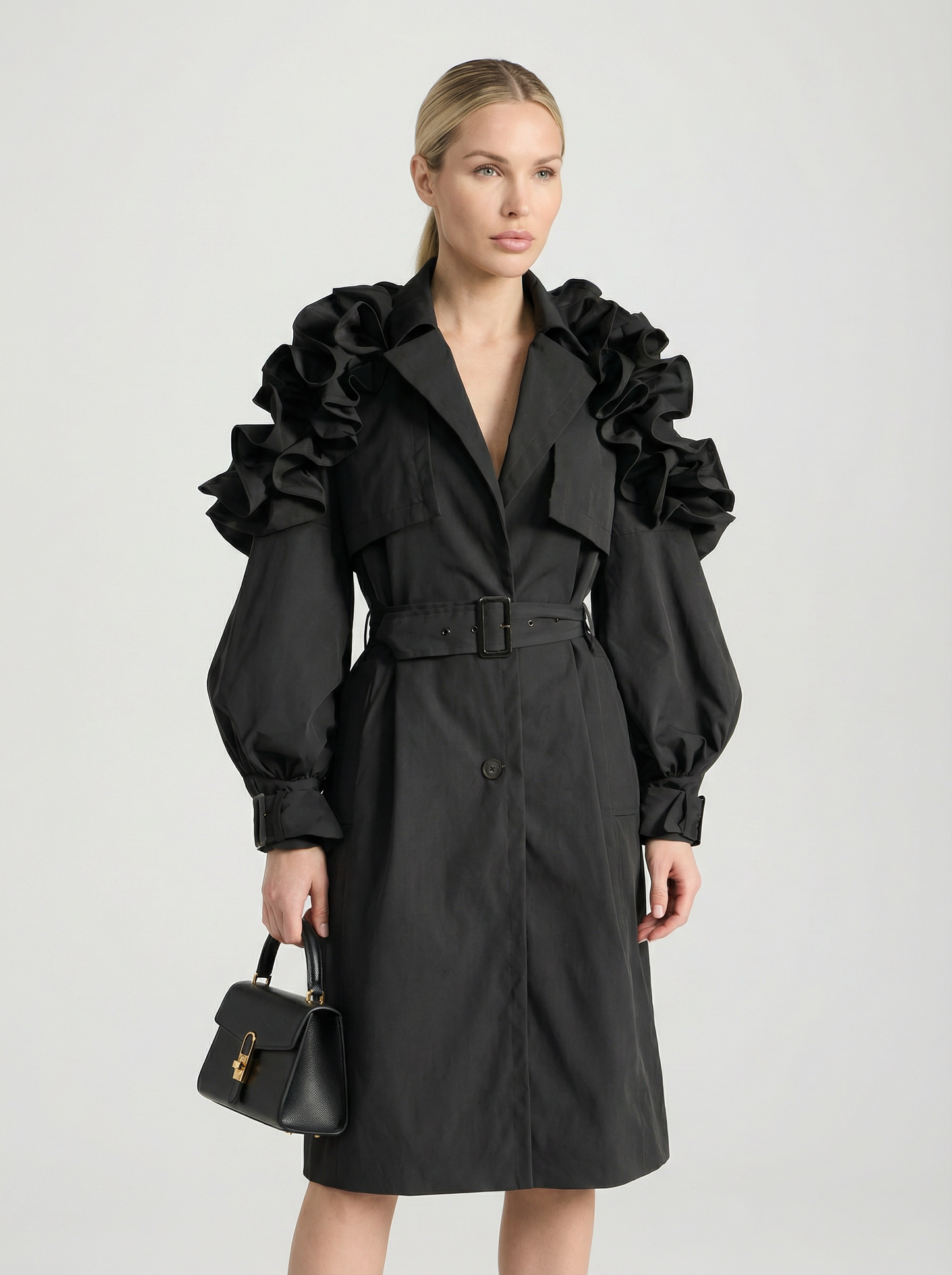 Lume - Luxury Runway Long Trench Black