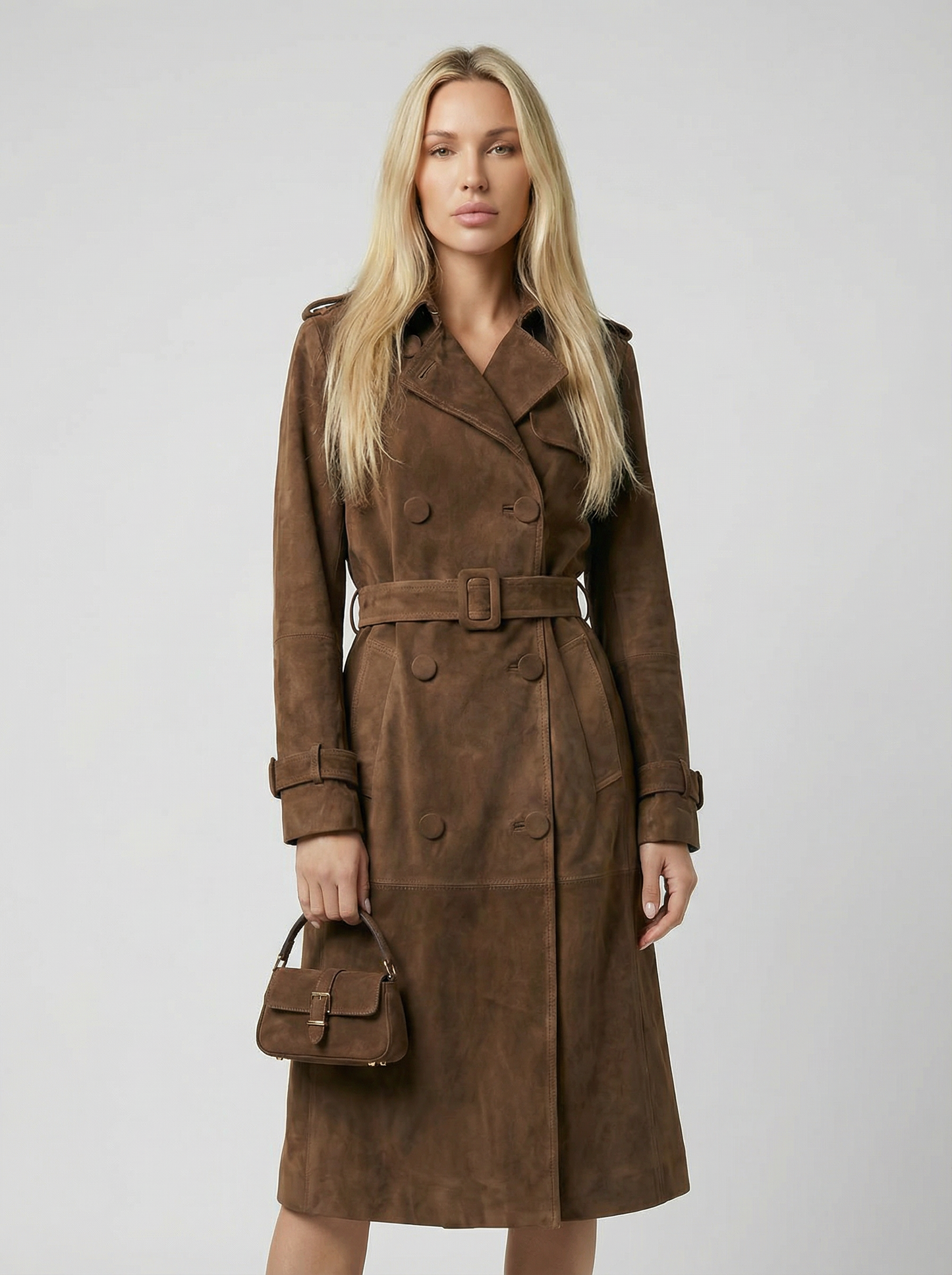Elva - Belted Genuine Suede Trench Brown