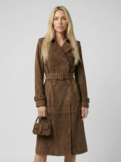 Elva - Belted Genuine Suede Trench Brown