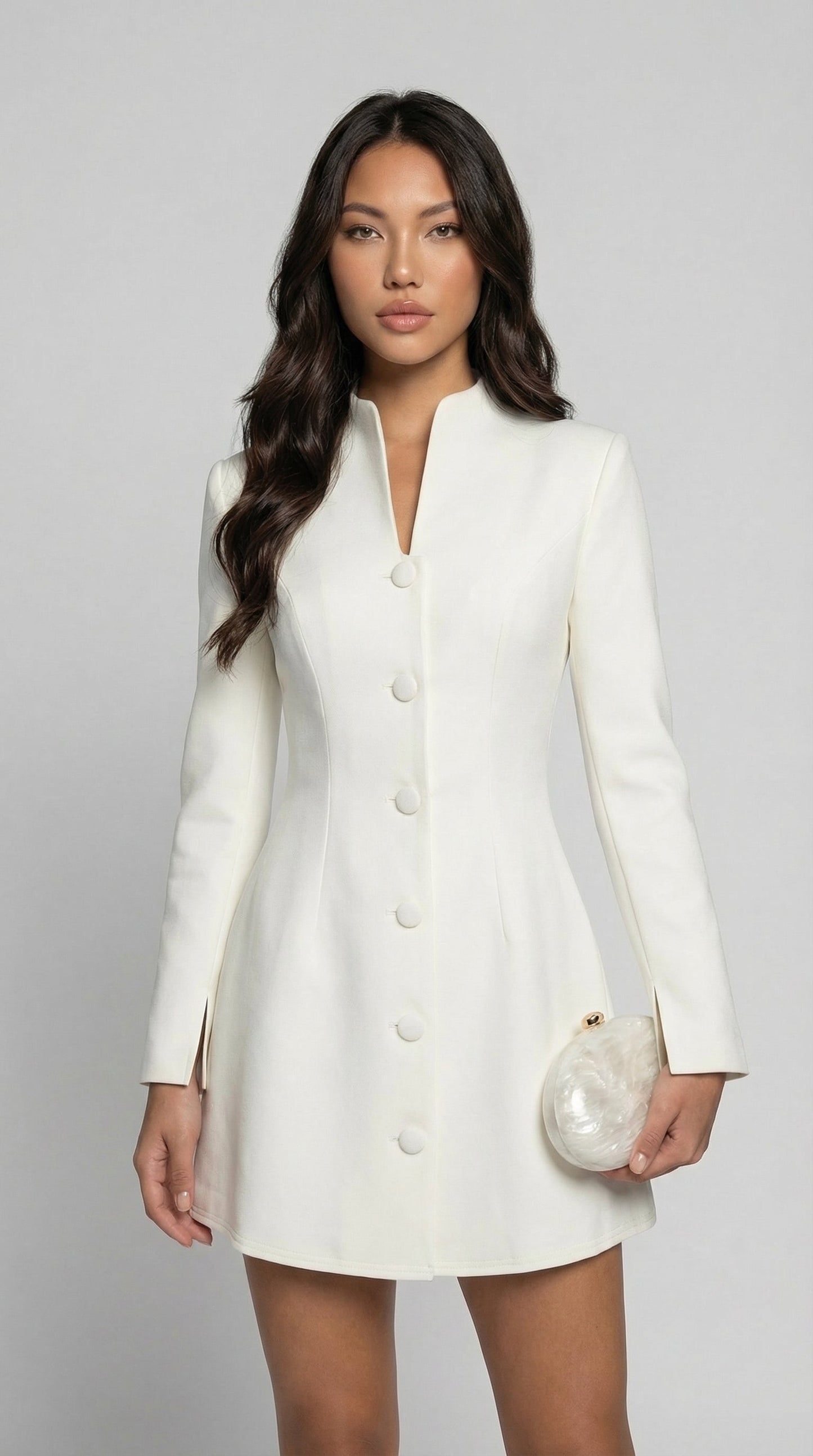 Savi - Stand-Collar Buttoned Office Blazer Dress White