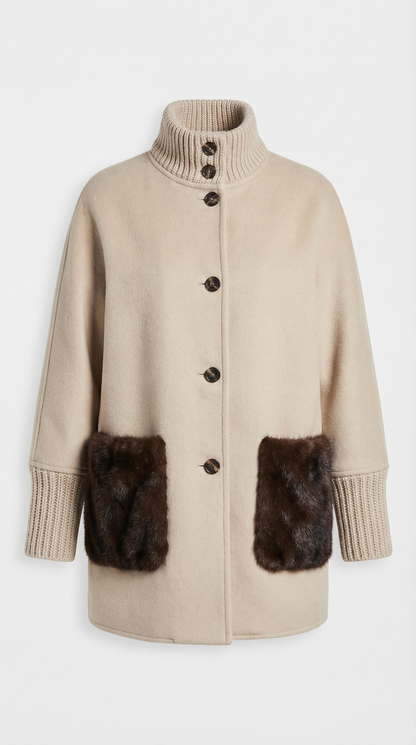 Seriss - Loose Knit Fur Sweater with Standup Collar Beige