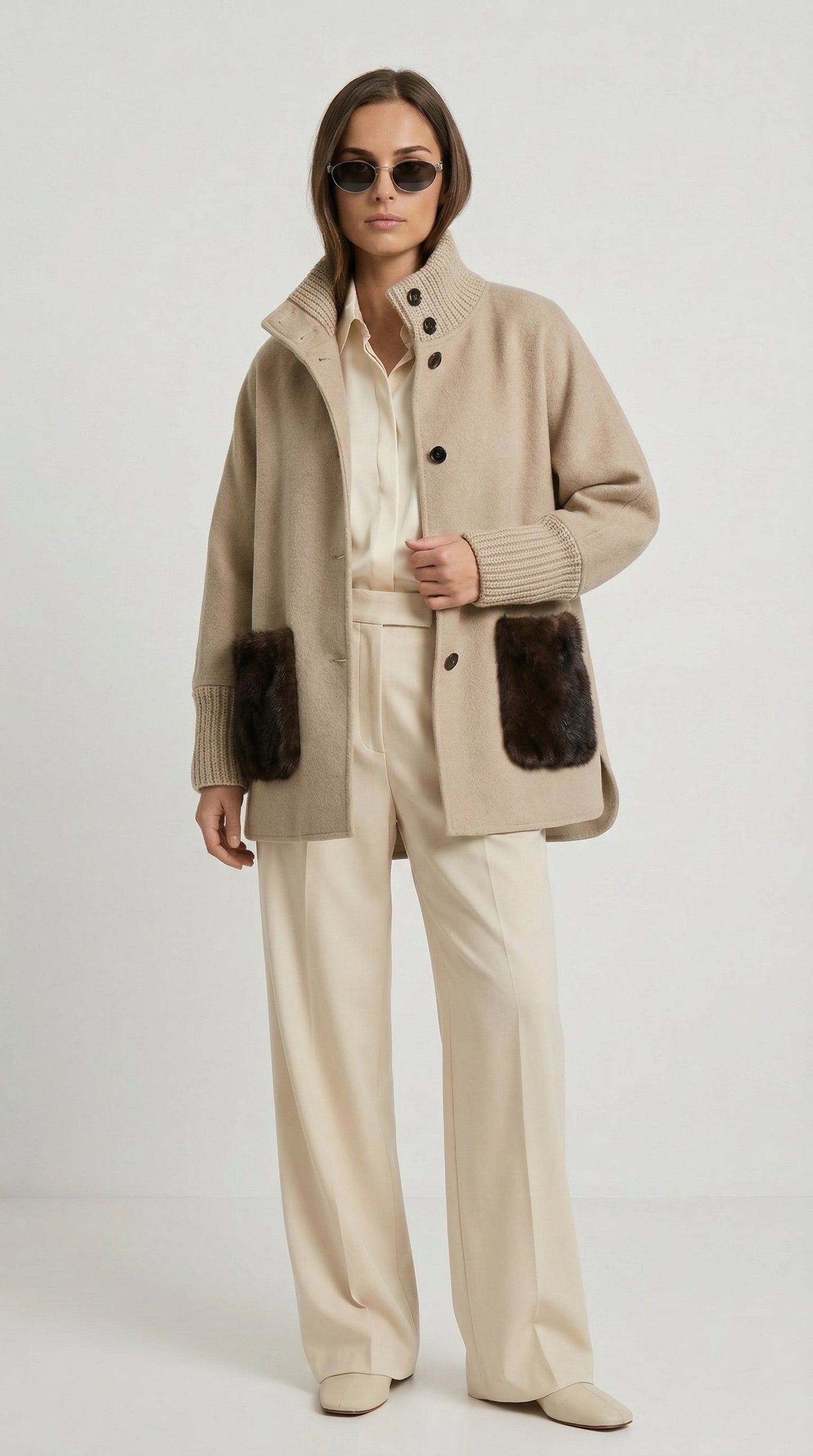Seriss - Loose Knit Fur Sweater with Standup Collar Beige
