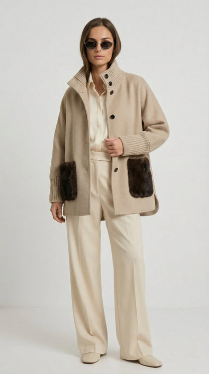 Seriss - Loose Knit Fur Sweater with Standup Collar Beige