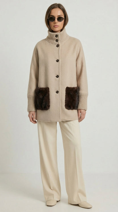 Seriss - Loose Knit Fur Sweater with Standup Collar Beige