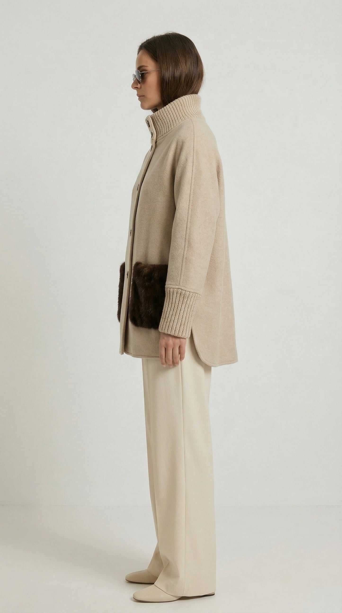 Seriss - Loose Knit Fur Sweater with Standup Collar Beige