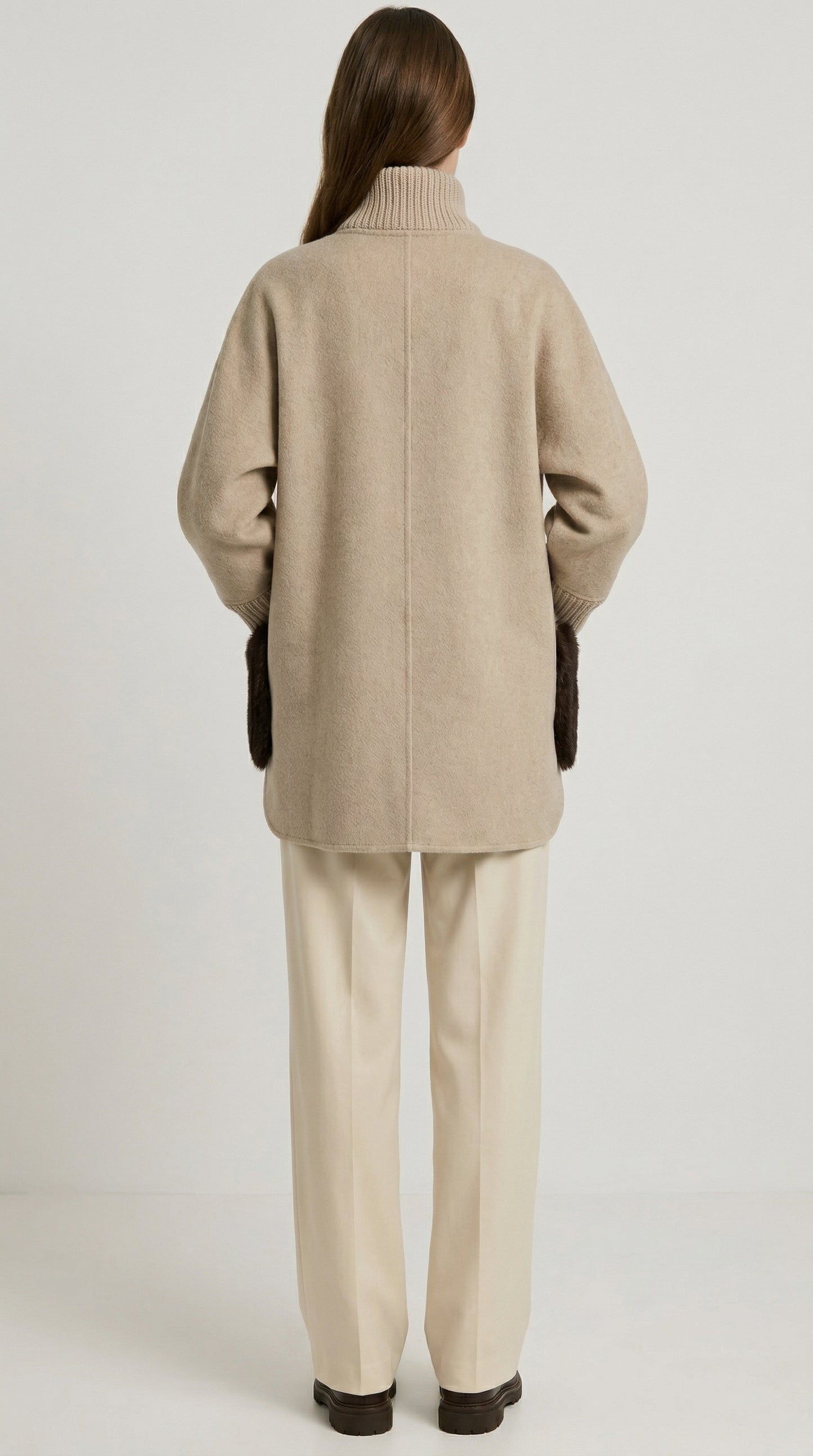 Seriss - Loose Knit Fur Sweater with Standup Collar Beige