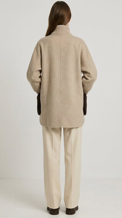 Seriss - Loose Knit Fur Sweater with Standup Collar Beige