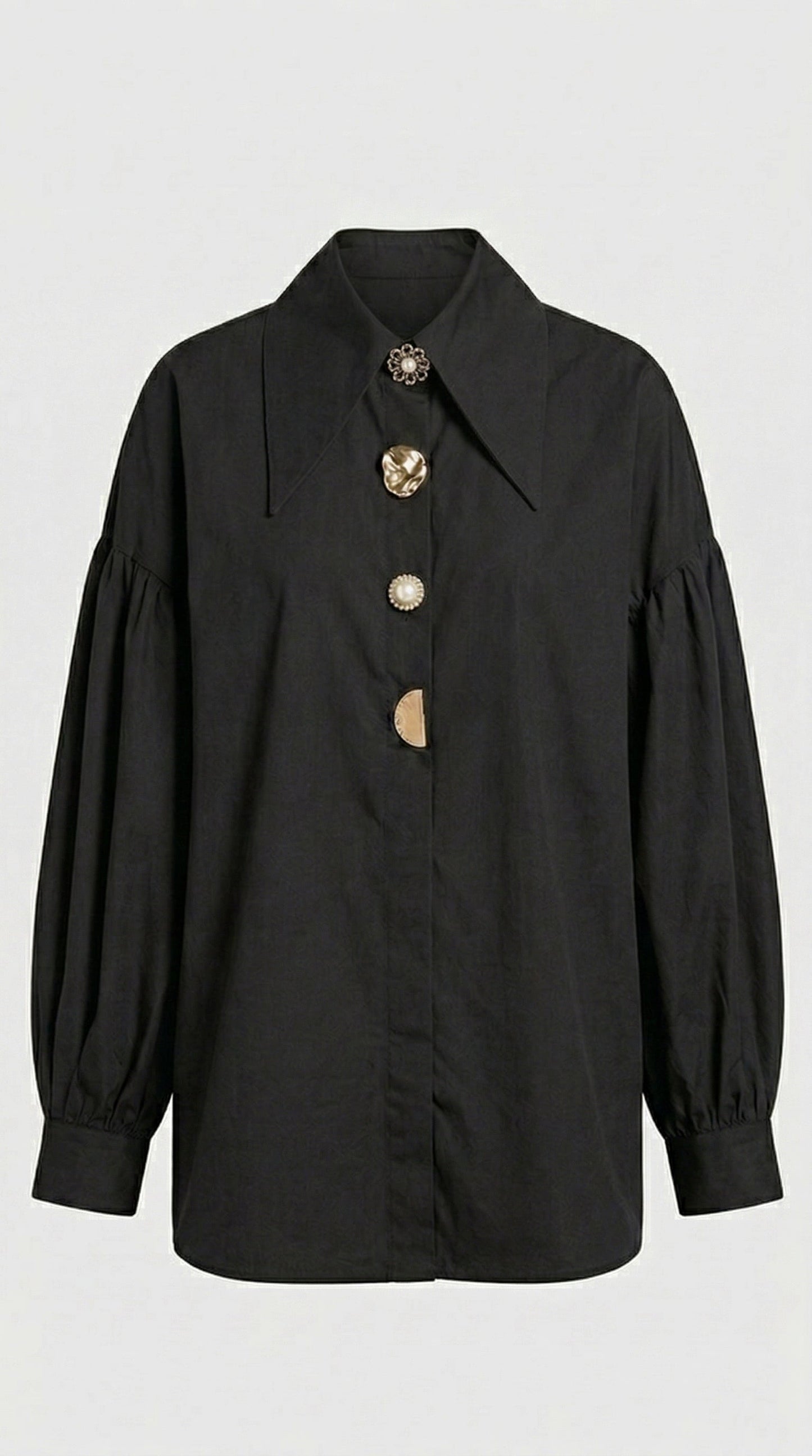 Verito - Loose Long Sleeve Shirt with Pointed Collar and Jewellery Buttons Black