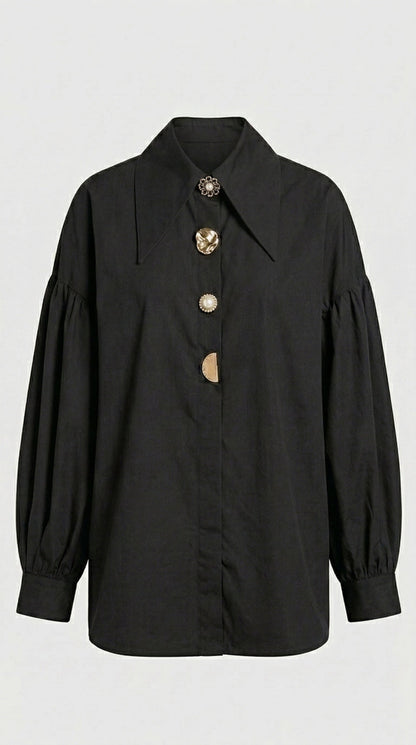 Verito - Loose Long Sleeve Shirt with Pointed Collar and Jewellery Buttons Black